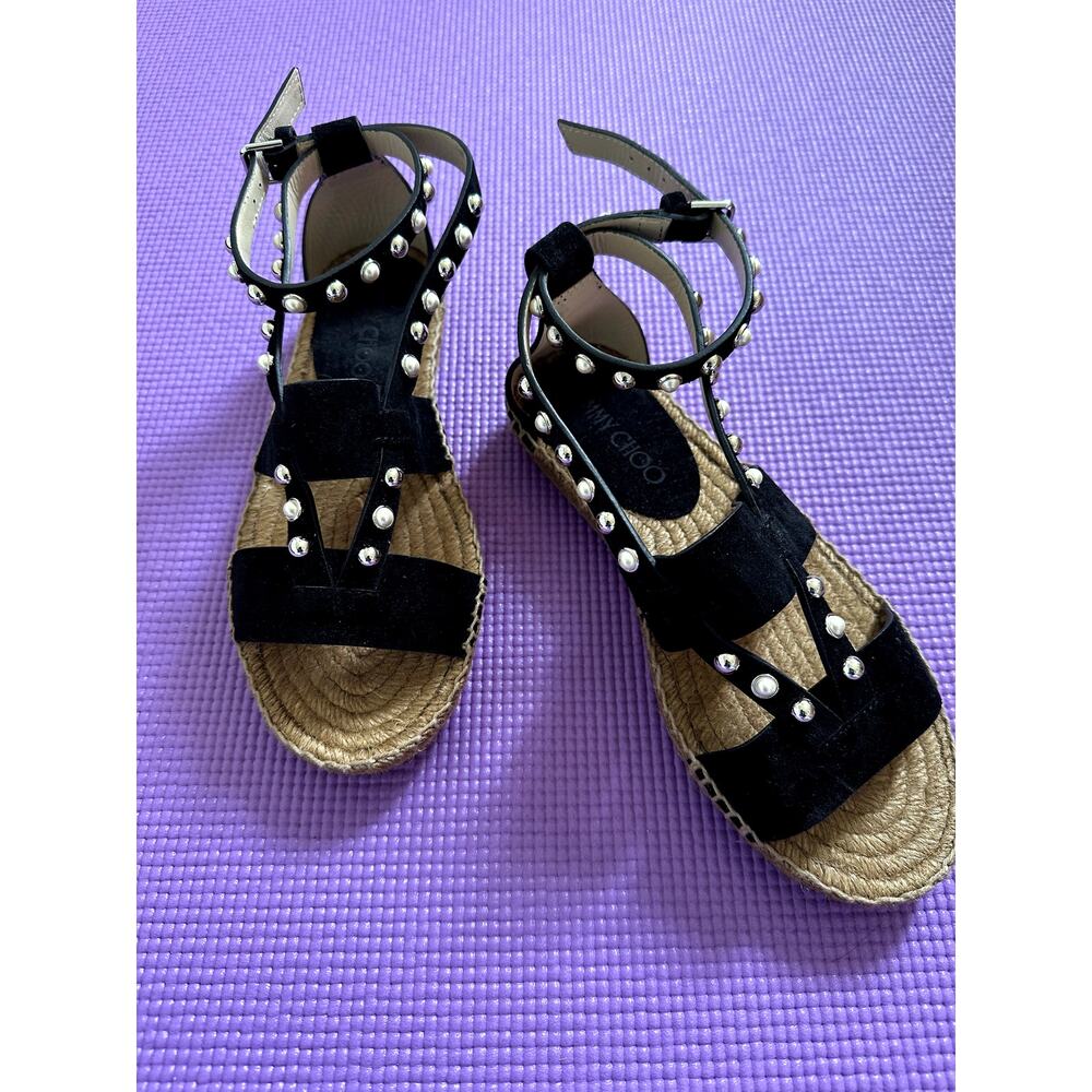 New Jimmy Choo Sandals Flats Size 36 Black Suede Espadrilles Studded $650 SRP